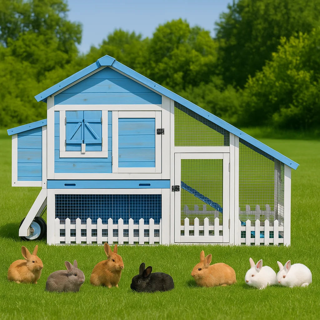Outdoor Wheeled Double Deck Rabbit Hutch With Durable Wood Fence