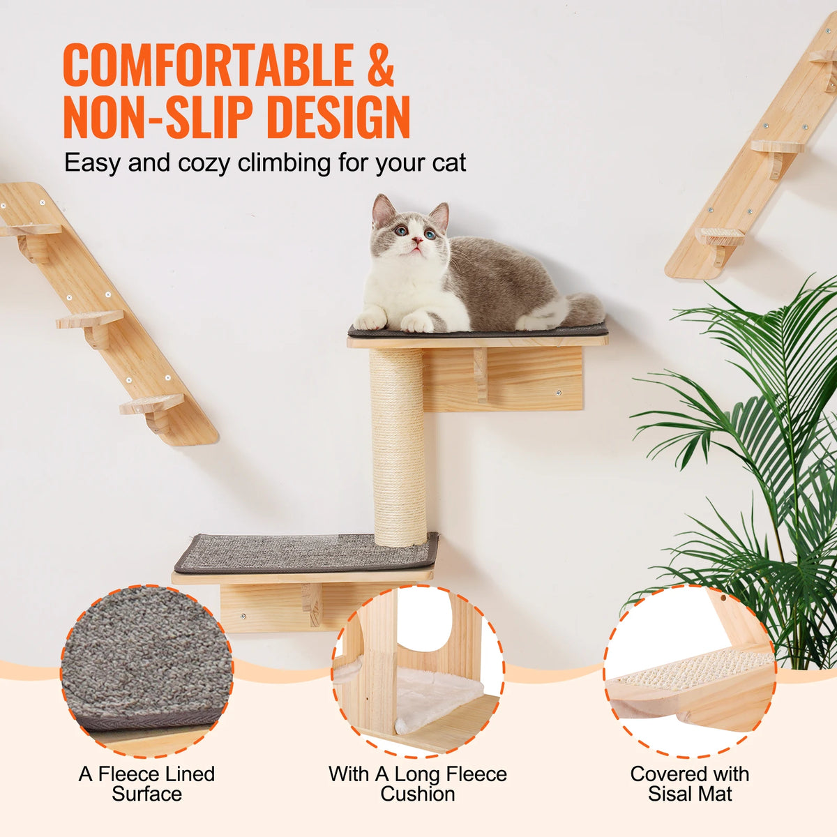 SucceBuy Wall Mounted Wooden Cat Shelves With Hammock And Perch
