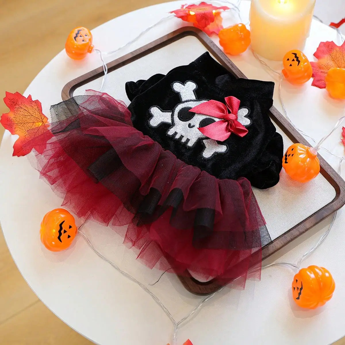 Dog Halloween Tulle Costume Featuring Skull Bow Pattern Design