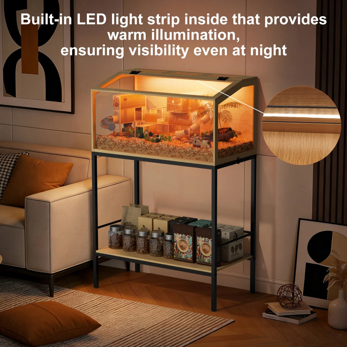 Wooden Small Pet Habitat Cage With Tempered Glass And Led Lighting
