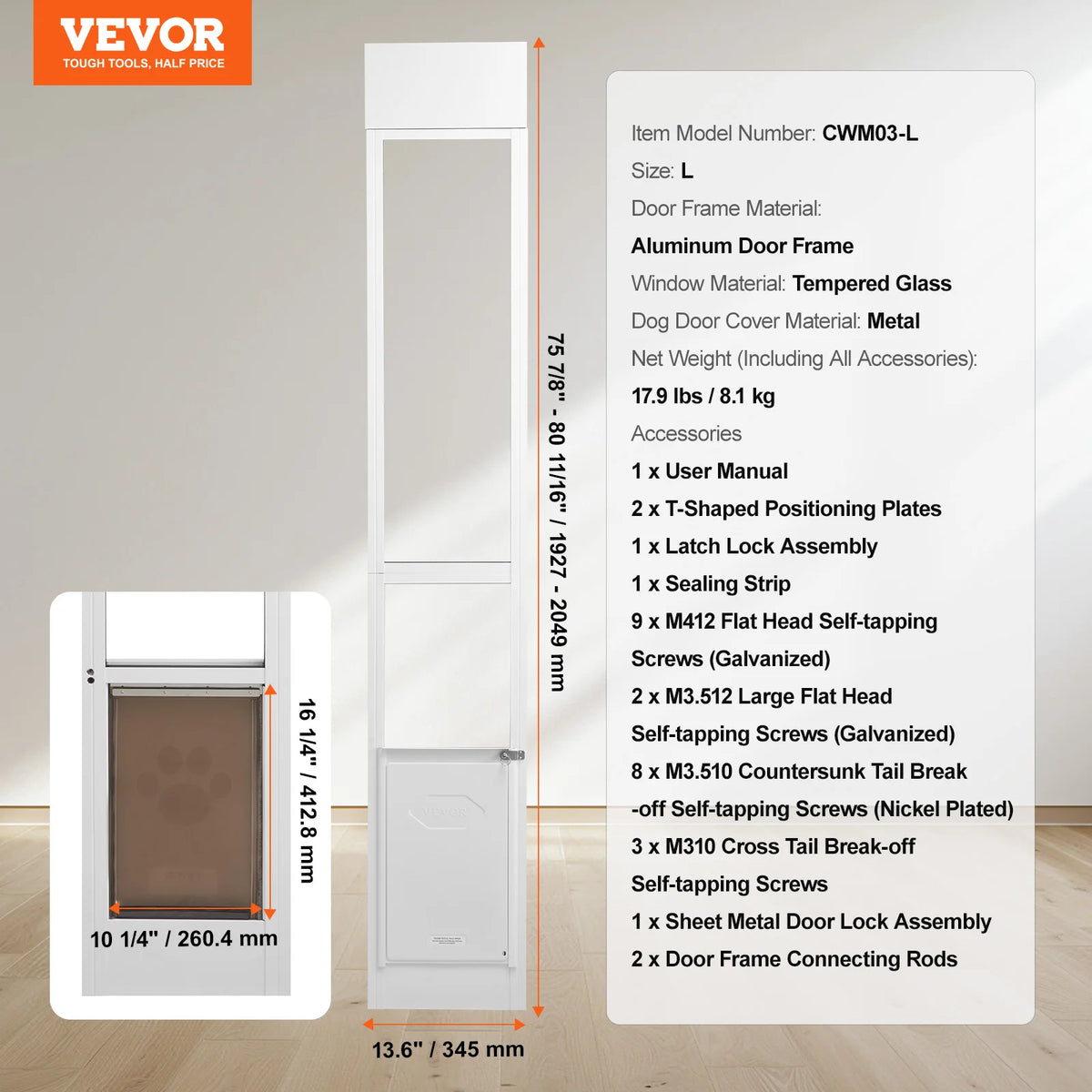 SucceBuy Adjustable Height Aluminum Frame Tempered Glass Sliding Pet Door