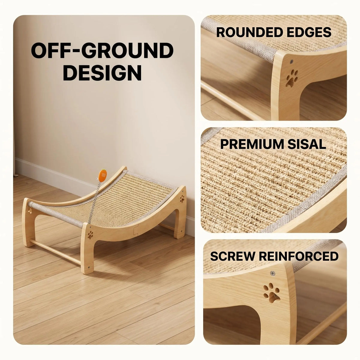 Premium Wooden Cat Scratcher Lounge Bed With Integrated Ball Toy
