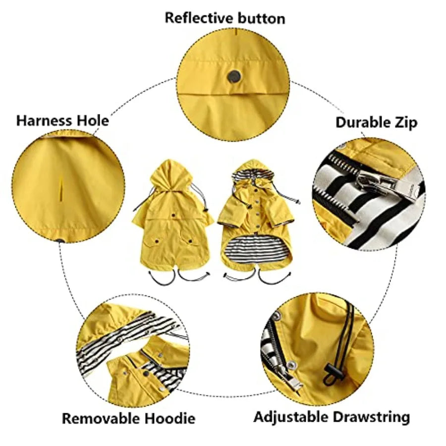 Dog Zip Up Raincoat With Removable Hood And Reflective Buttons