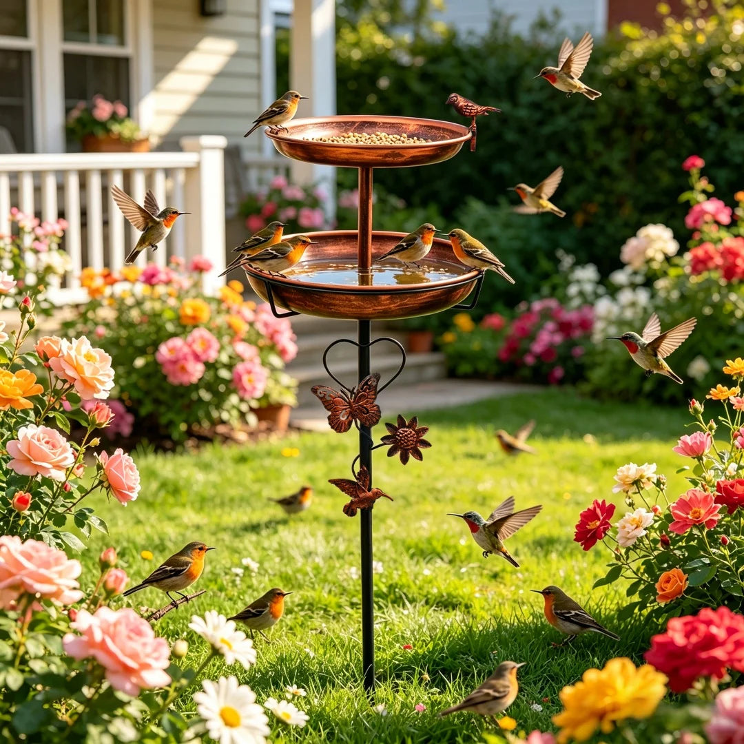 Dual Tier Outdoor Bird Feeder And Birdbath Stand For Gardens