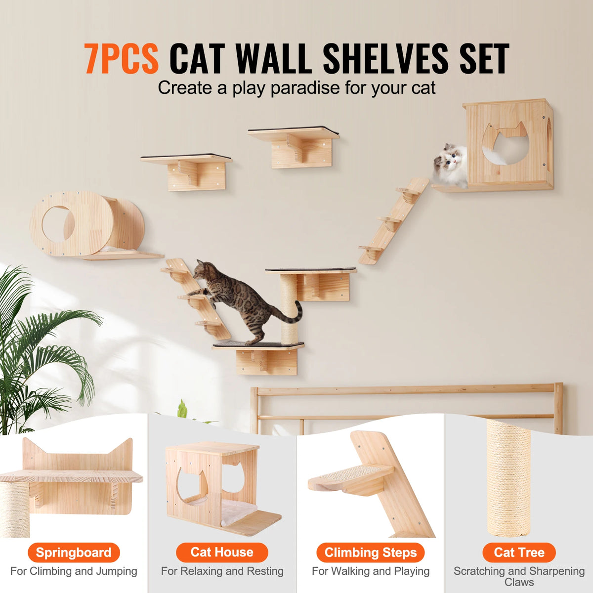 SucceBuy Wall Mounted Wooden Cat Shelves With Hammock And Perch
