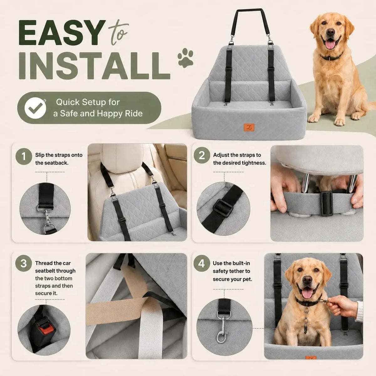 Washable Dog Car Seat Booster With Harness And Protective Base