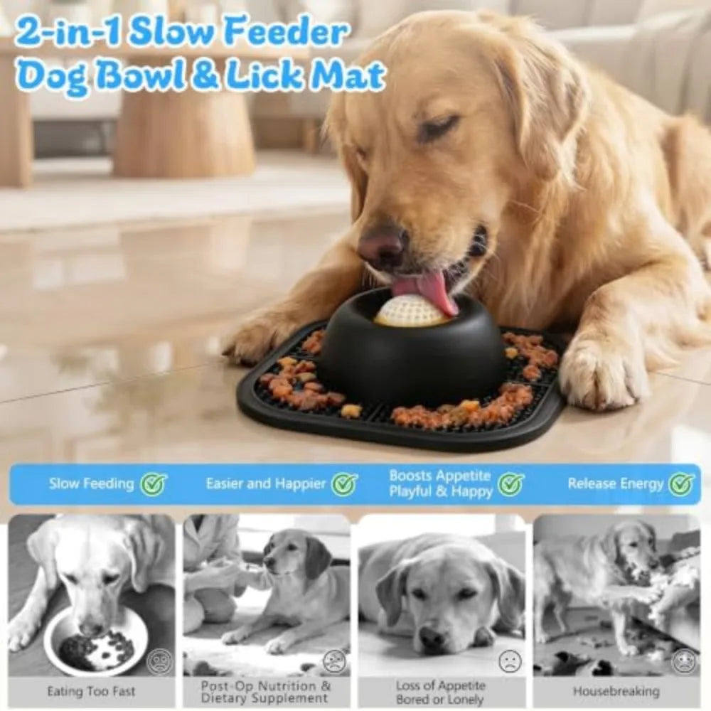 Interactive Slow Feeder Dog Bowl With Rolling Ball And Lick Mat