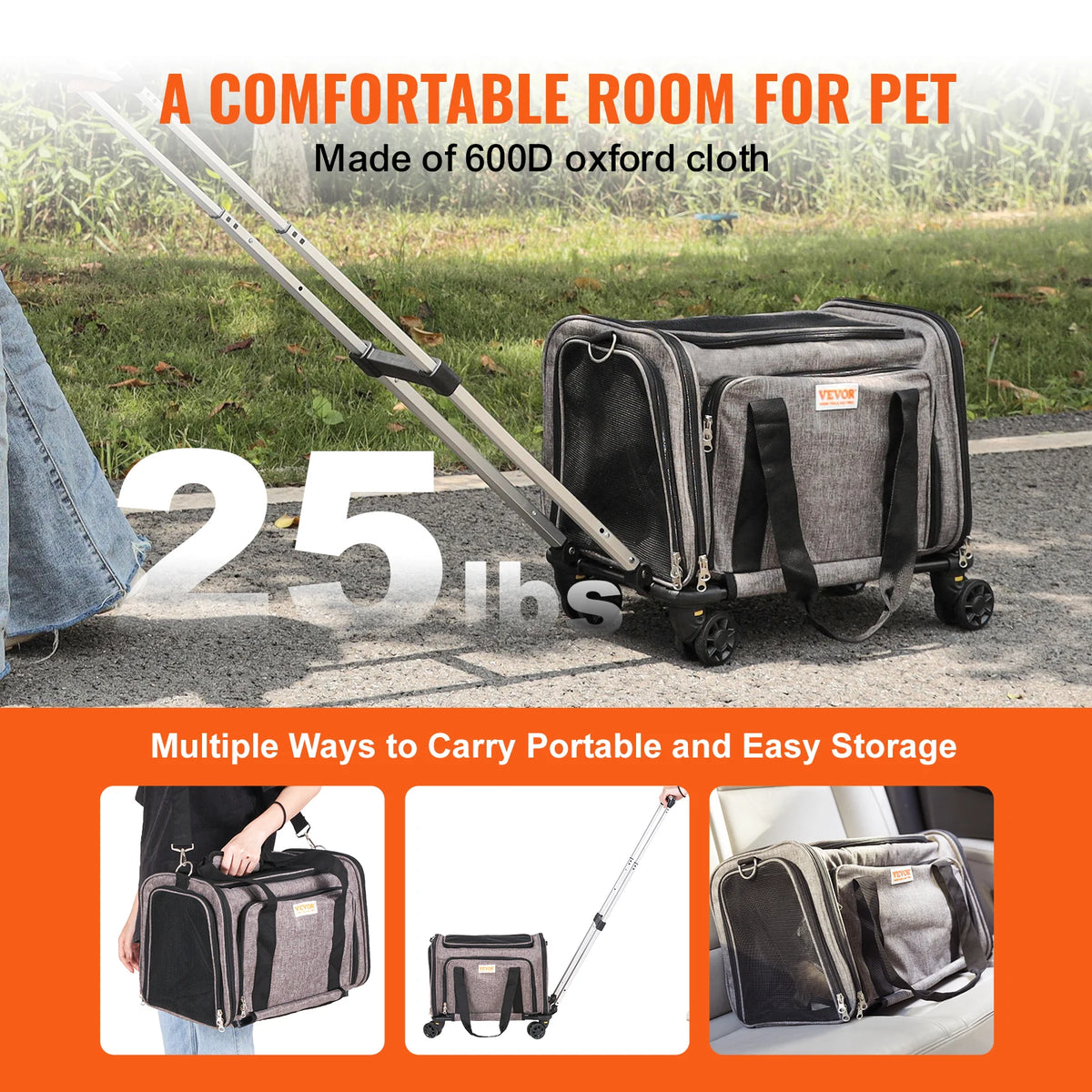 Breathable Wheeled Pet Carrier Backpack With Telescopic Handle And Strap
