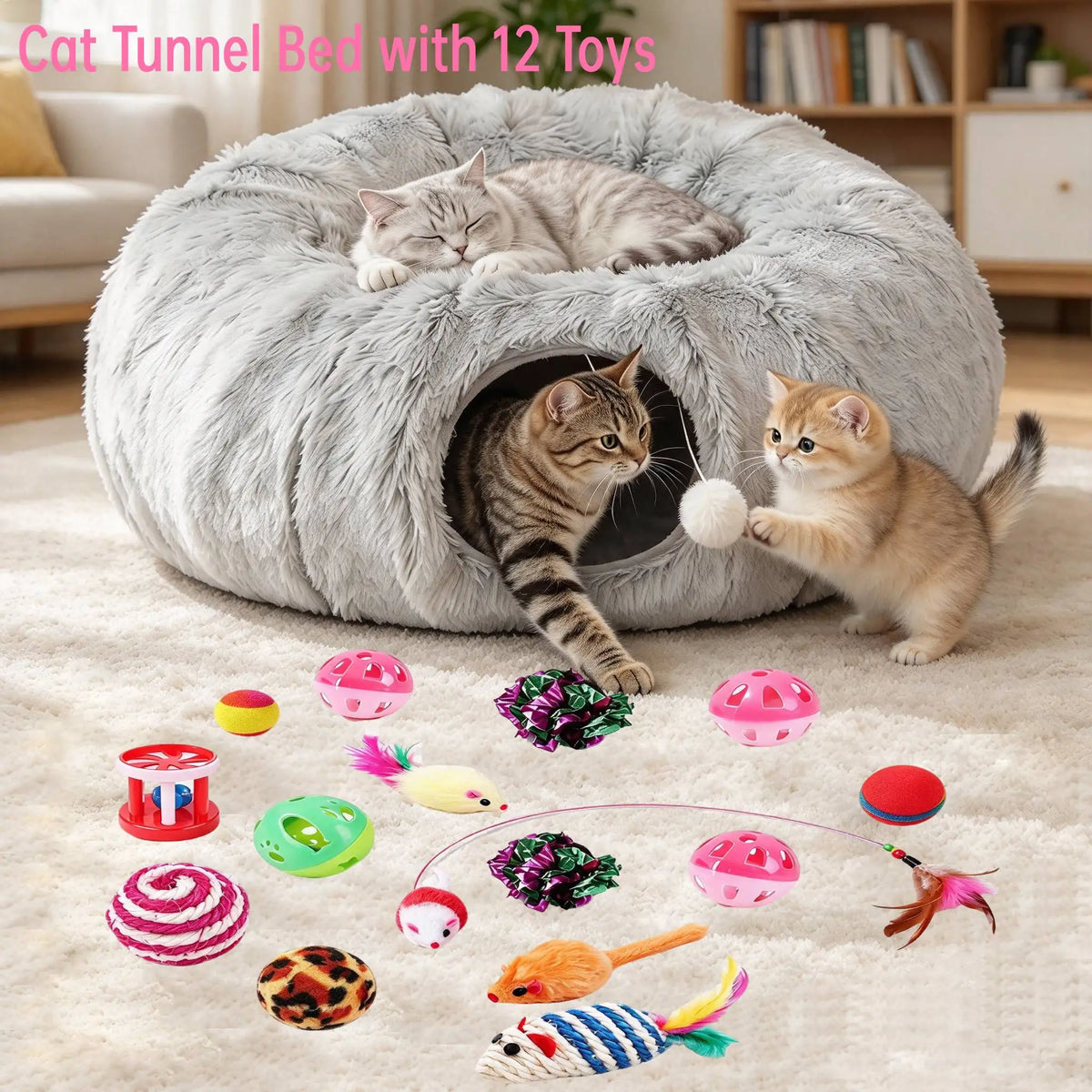 Premium Collapsible Cat Tunnel Bed With Donut Plush Cave