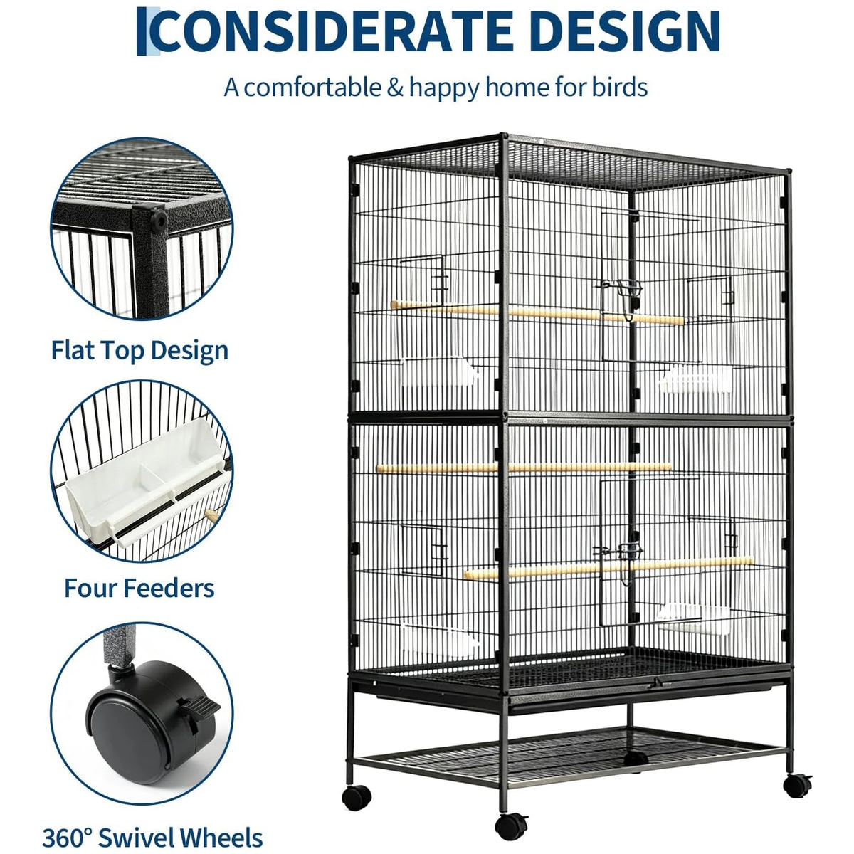 HiMISS Large Bird Cage With Rolling Stands And Feed Bowls