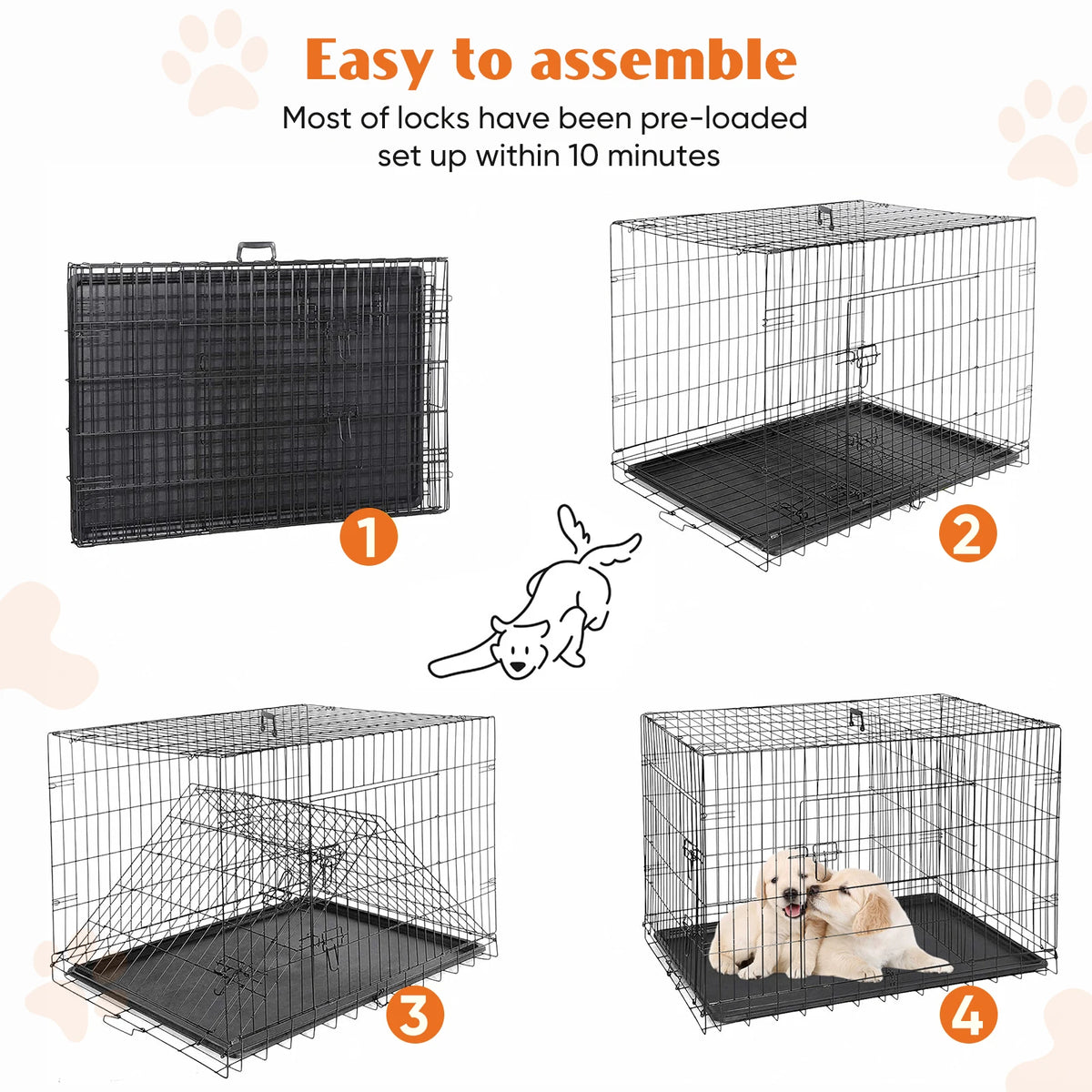 JHK Double Door Folding Metal Dog Kennel With Leakproof Tray