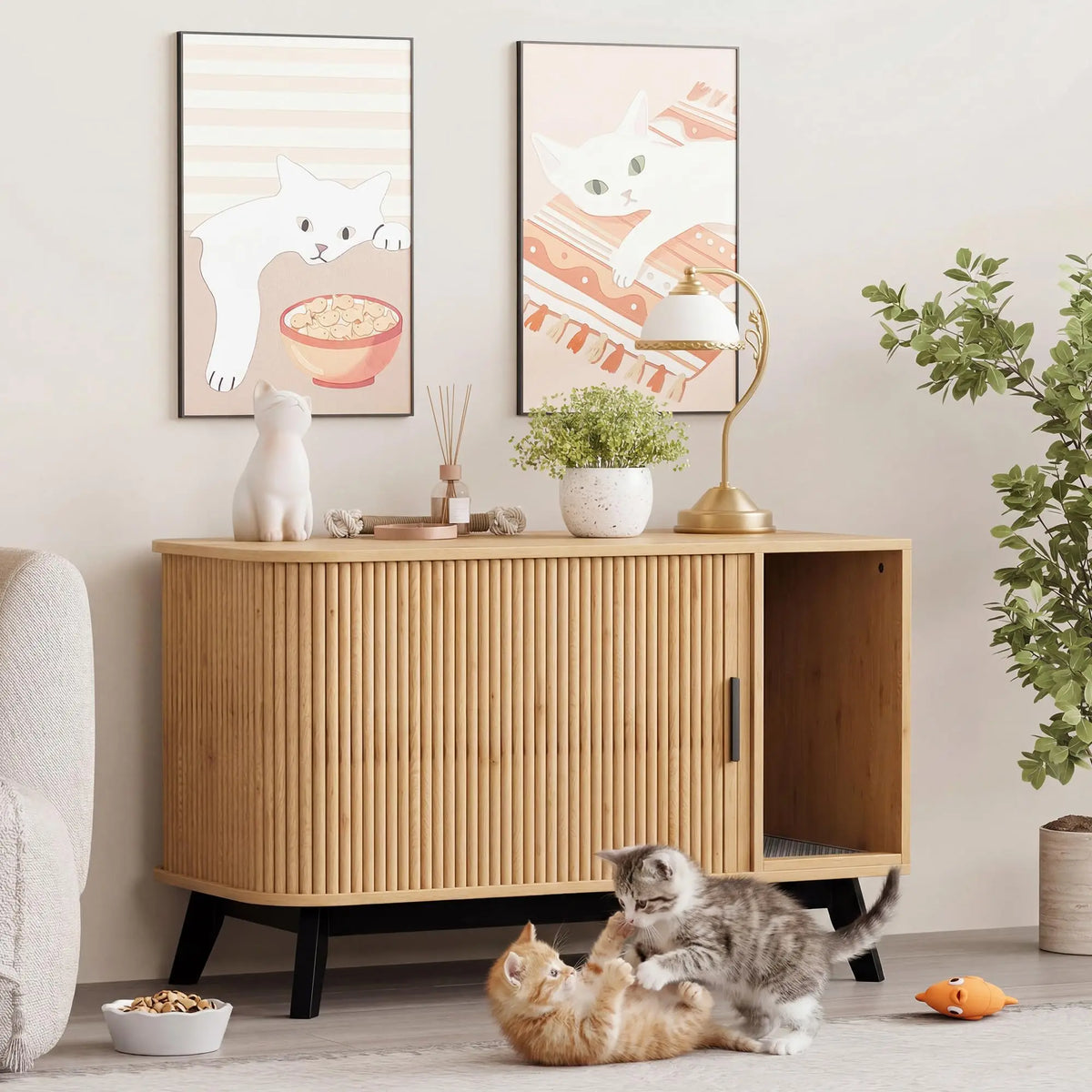 Hidden Litter Box Enclosure Furniture with Sliding Door