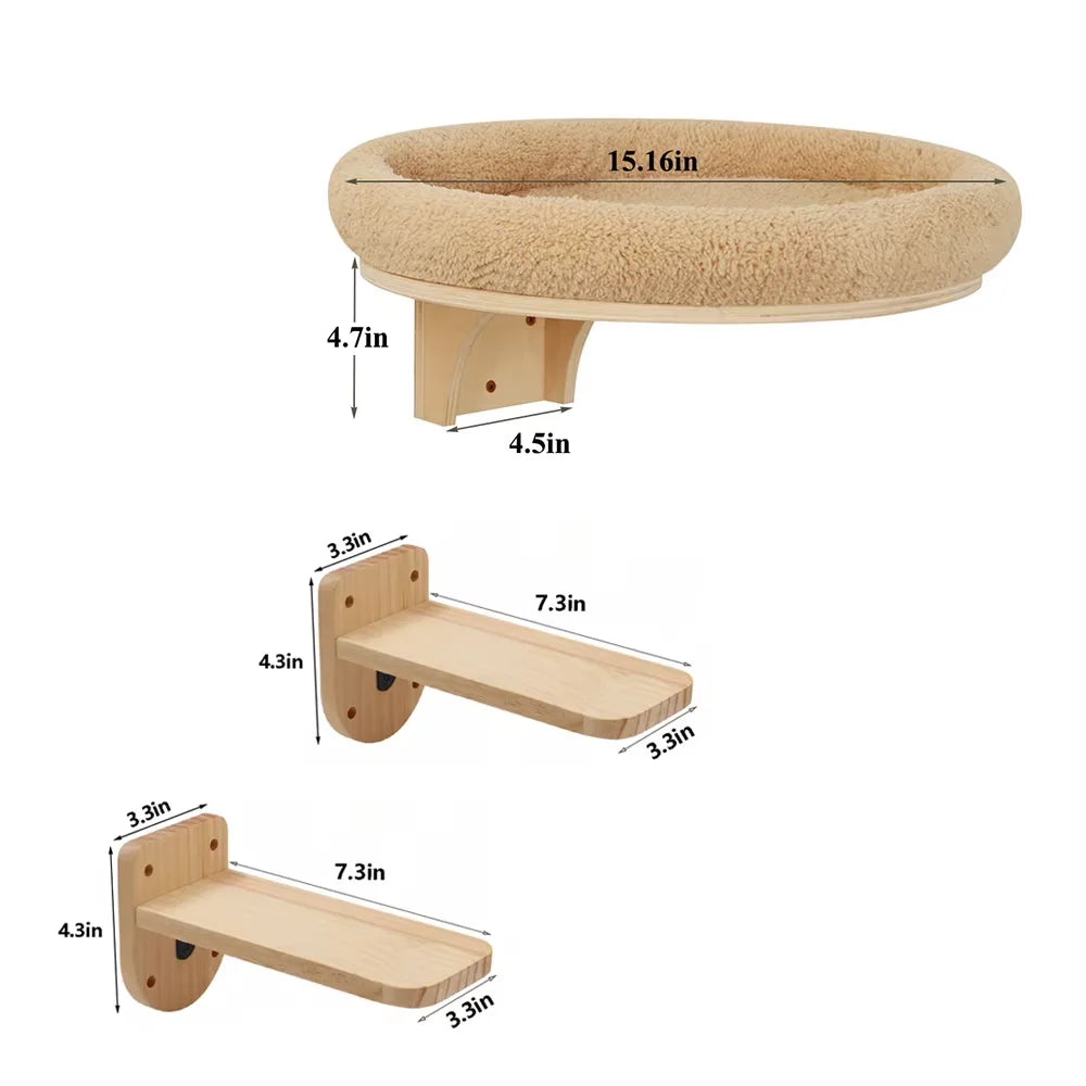 CWV Wall Mounted Wooden Cat Shelves Hammock Scratching Post