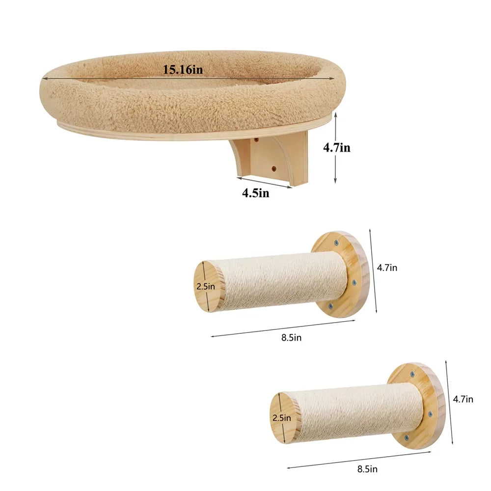CWV Wooden Cat Wall Mount Climbing Ladder And Hammock Platform