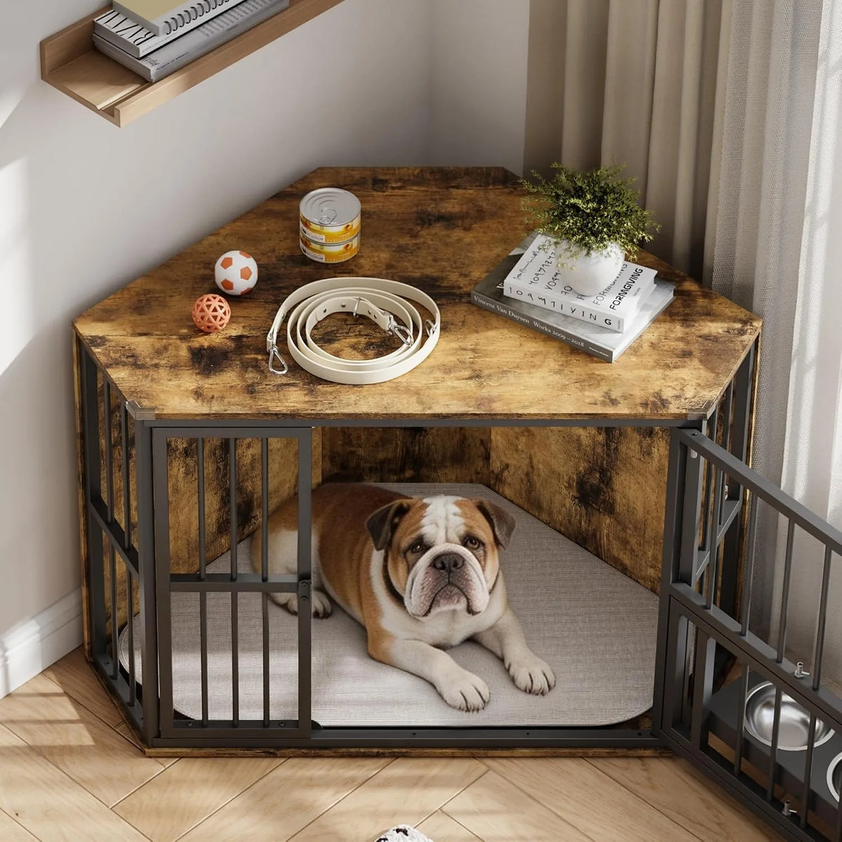 Wooden Corner Dog Crate Rotating Feeding Door And Secure Locks