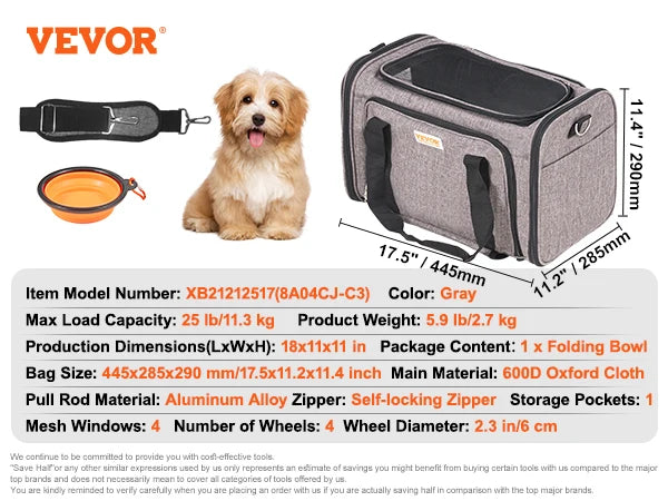 Breathable Wheeled Pet Carrier Backpack With Telescopic Handle And Strap