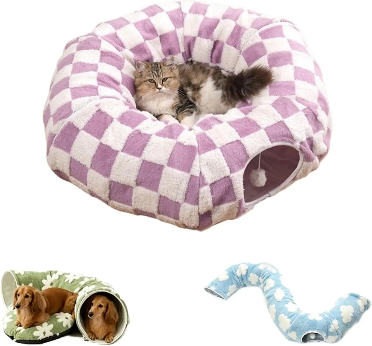 Floral Plush Folding Dachshund Tunnel Dog Bed With Comfortable Cushion