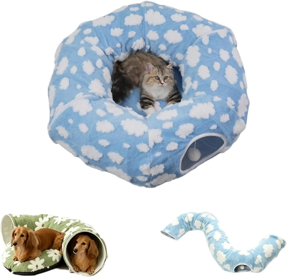 Floral Plush Folding Dachshund Tunnel Dog Bed With Comfortable Cushion