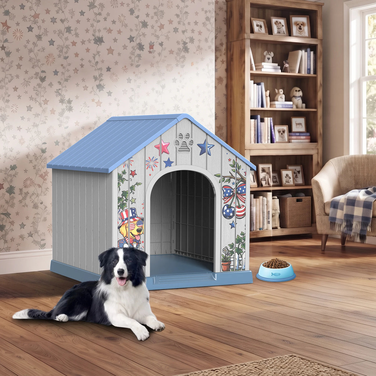 Weatherproof Outdoor Plastic Dog House With Printed Door Design