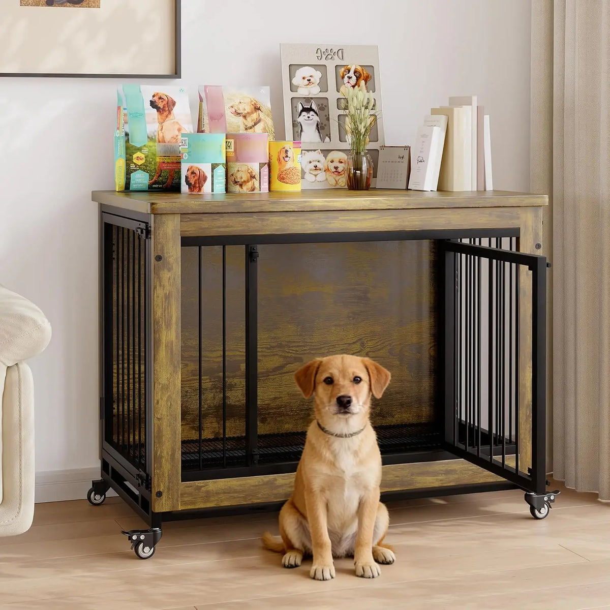 ANIXOL Wooden Dog Crate Furniture With Side Table Storage