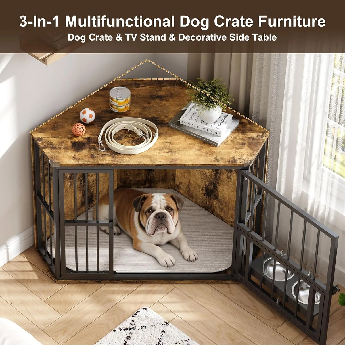 Wooden Corner Dog Crate Rotating Feeding Door And Secure Locks