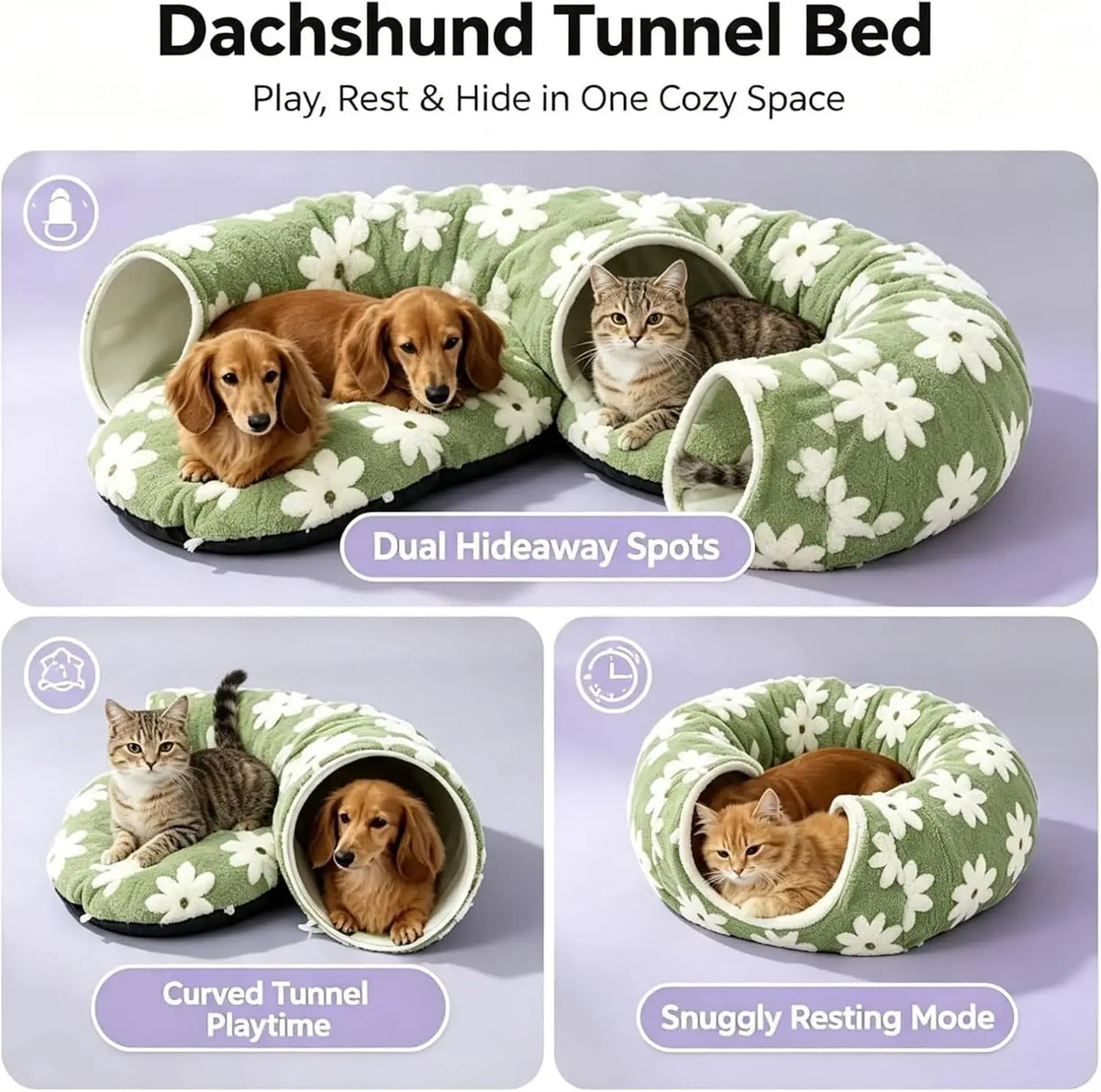 Floral Plush Folding Dachshund Tunnel Dog Bed With Comfortable Cushion