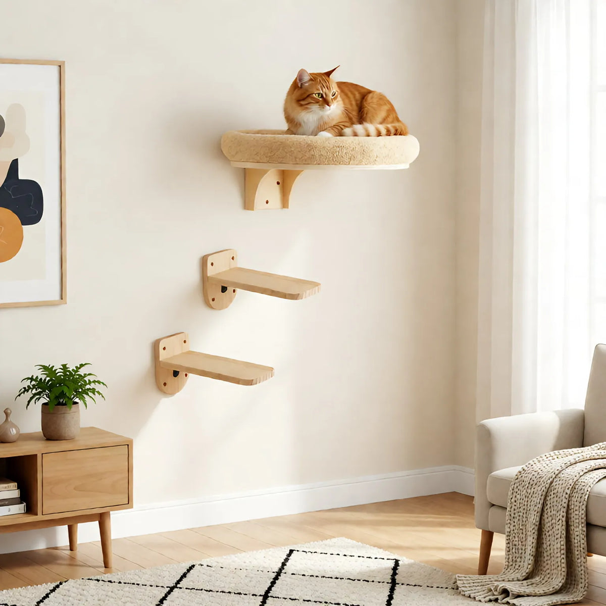 CWV Wooden Cat Wall Mount Climbing Ladder And Hammock Platform