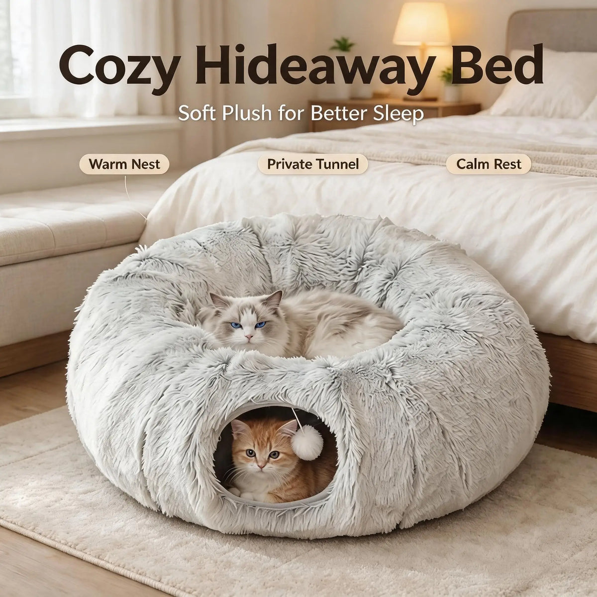 Premium Collapsible Cat Tunnel Bed With Donut Plush Cave