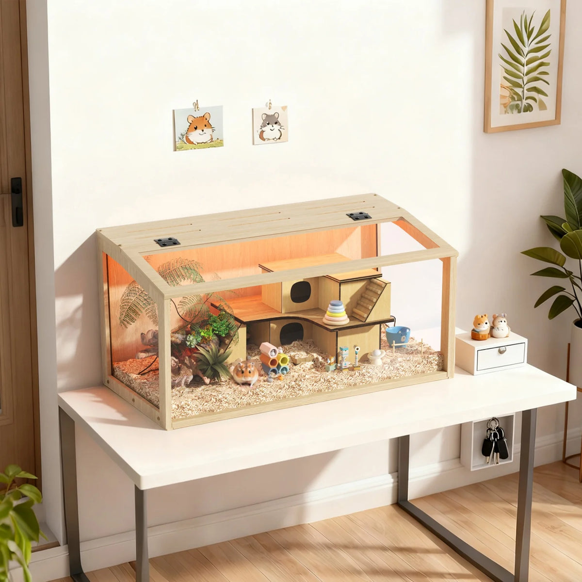 Wooden Small Pet Habitat Cage With Tempered Glass And Led Lighting
