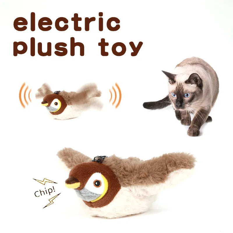 Touch Activated Plush Bird Cat Toy With Chirping Flapping Wings