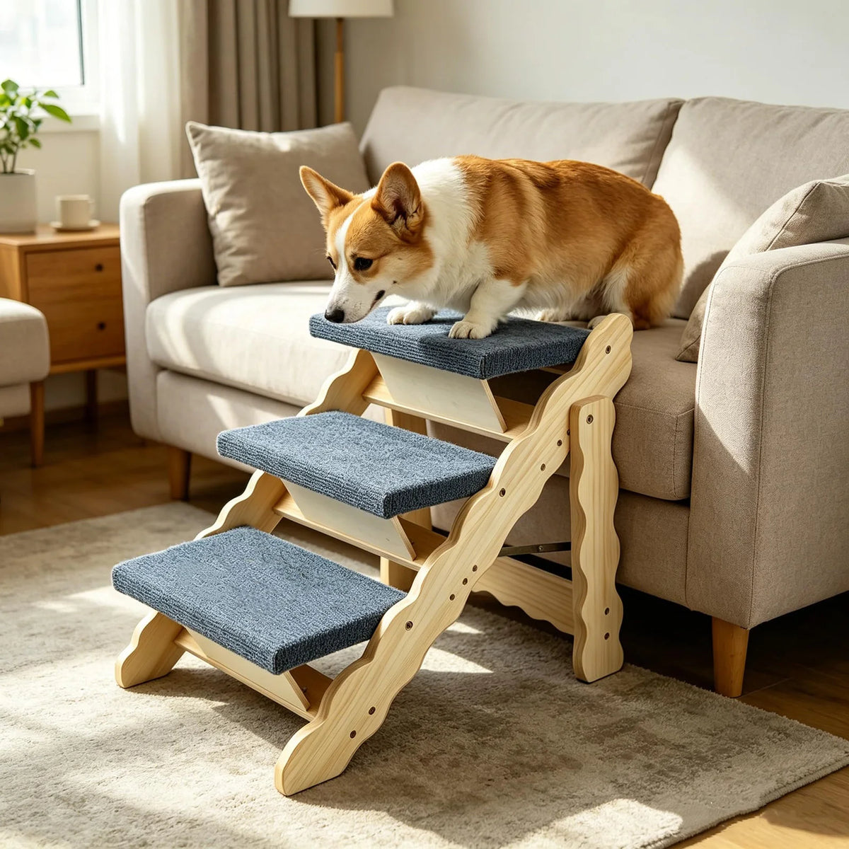 HiMISS Foldable Wooden Pet Stairs And Dog Safety Ramp