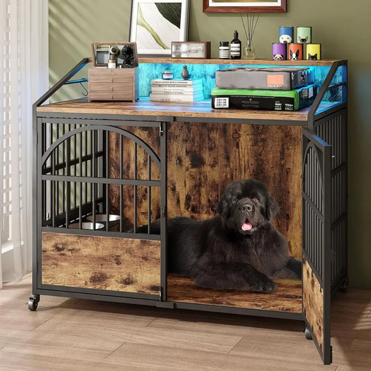 Heavy Duty Dog Crate With Integrated Wooden Table And Bowls