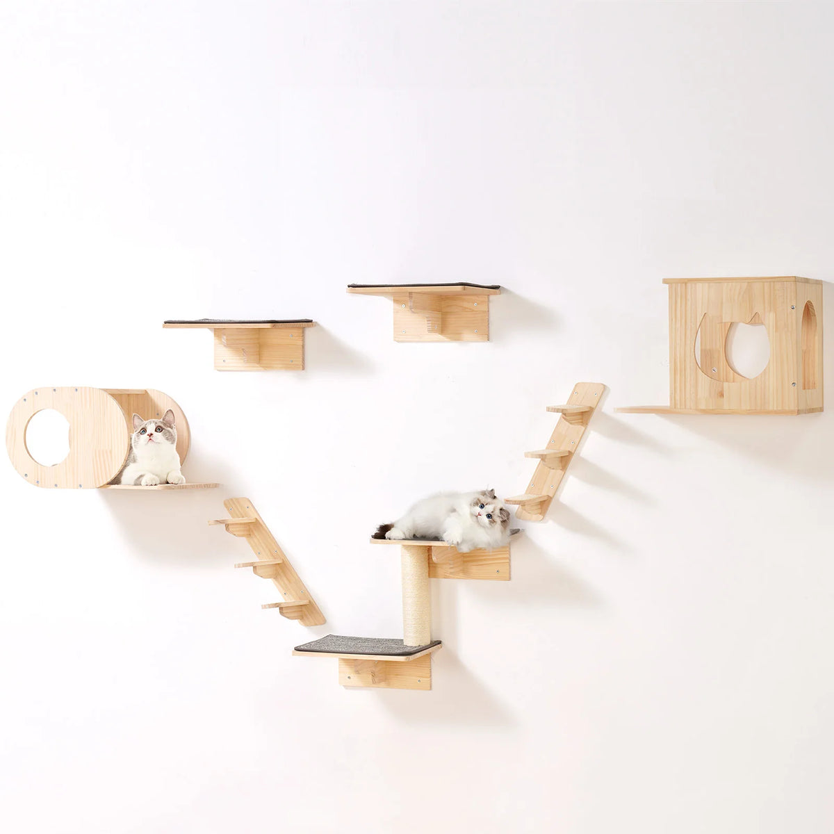 SucceBuy Wall Mounted Wooden Cat Shelves With Hammock And Perch