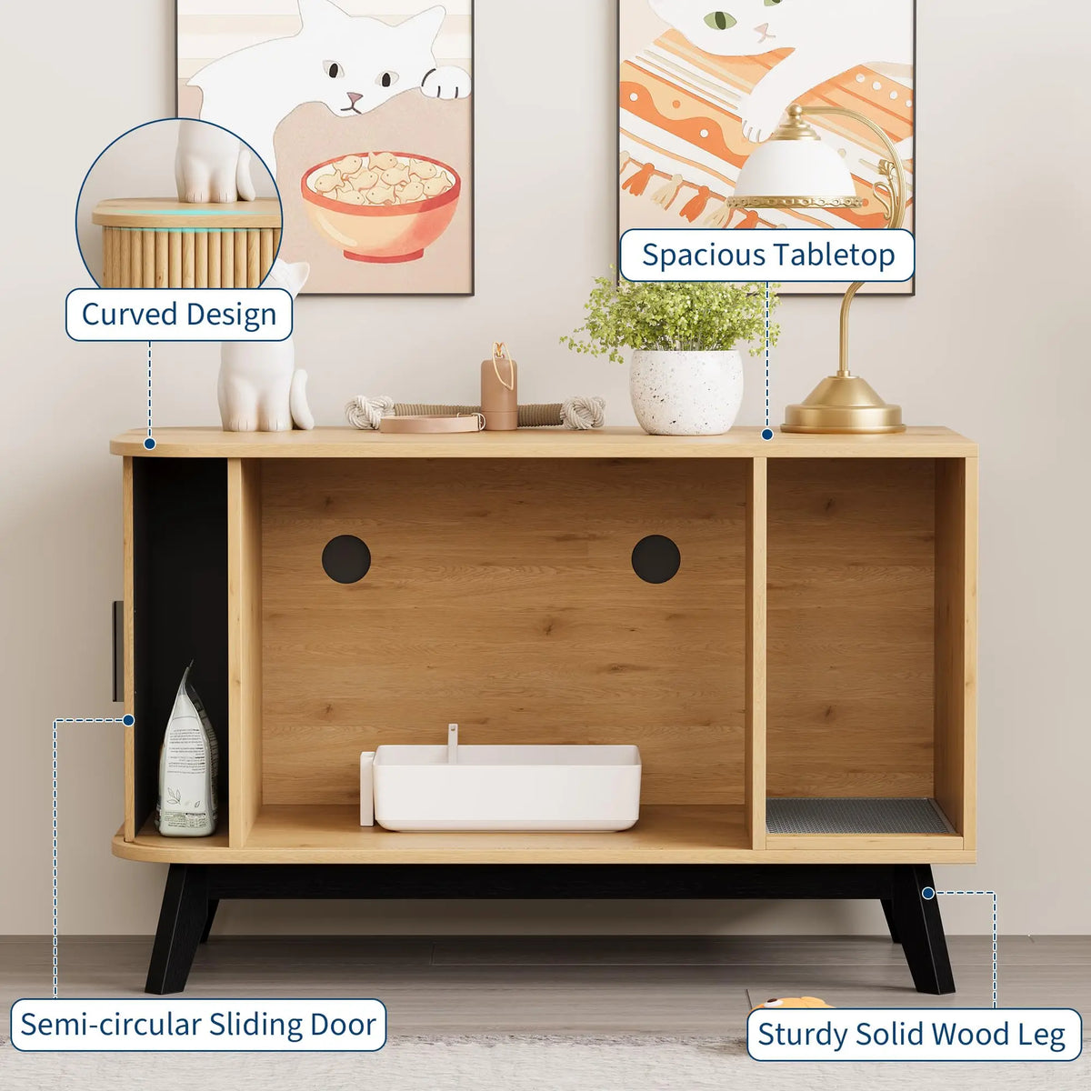 Hidden Litter Box Enclosure Furniture with Sliding Door