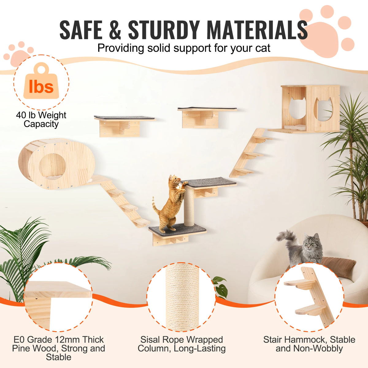 SucceBuy Wall Mounted Wooden Cat Shelves With Hammock And Perch