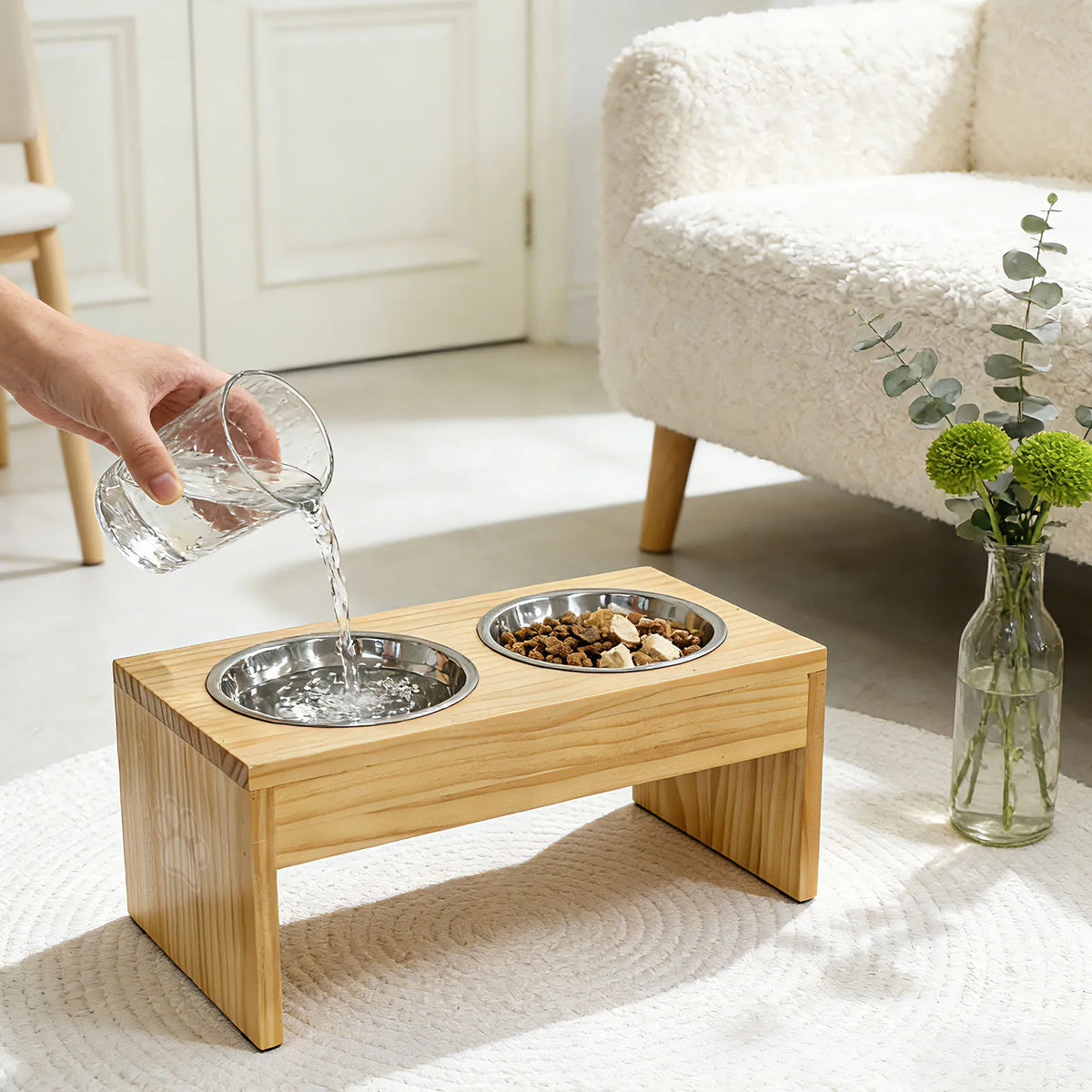 Wooden Elevated Dog Feeder Stand With Dual Stainless Steel Bowls
