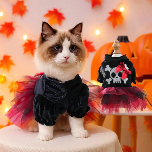 Dog Halloween Tulle Costume Featuring Skull Bow Pattern Design