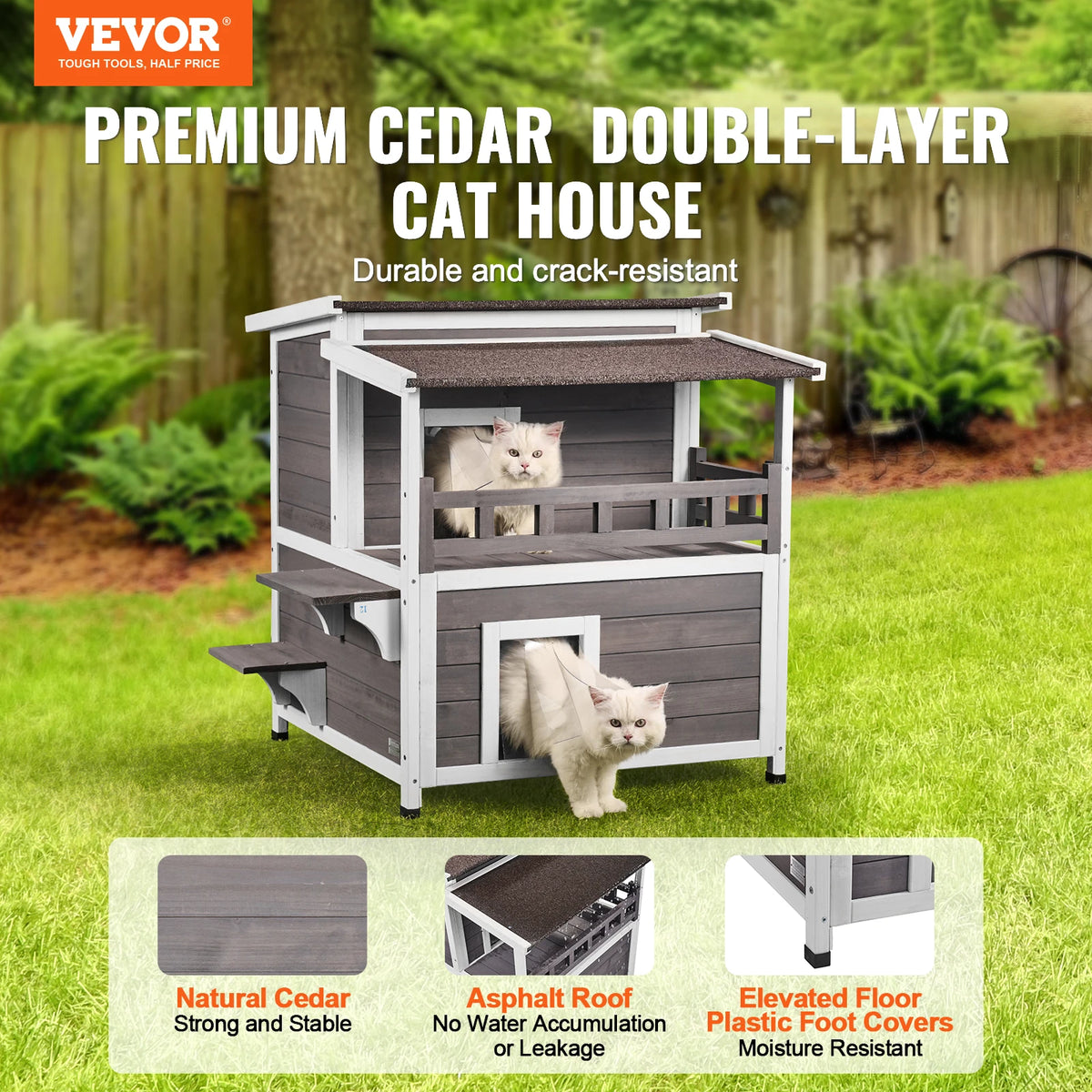 Weatherproof Cedar Outdoor Cat House With Balcony And Double Floor