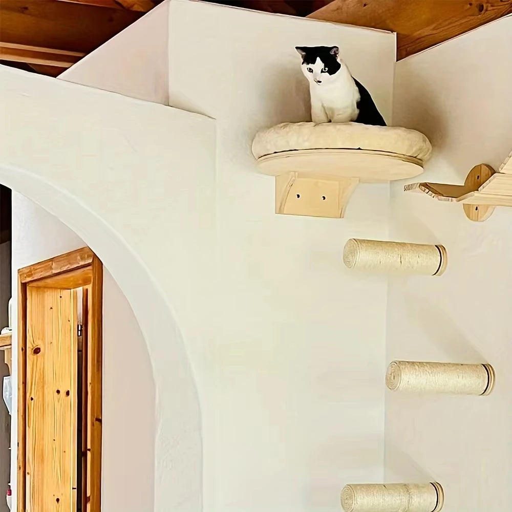 CWV Wooden Cat Wall Mount Climbing Ladder And Hammock Platform
