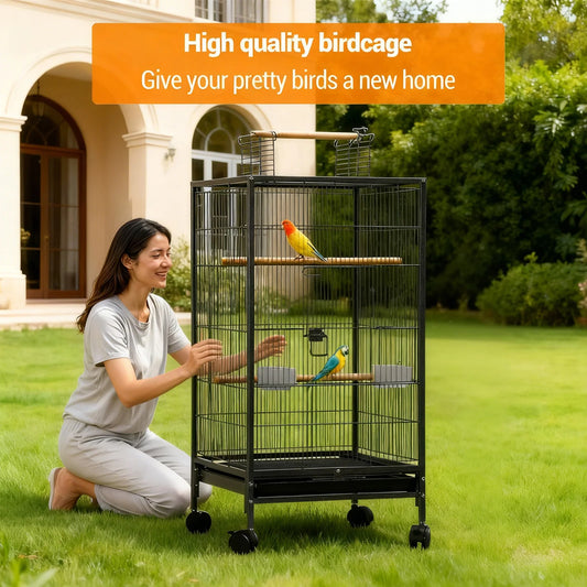 HiMISS Open Top Metal Bird Cage With Wooden Perches