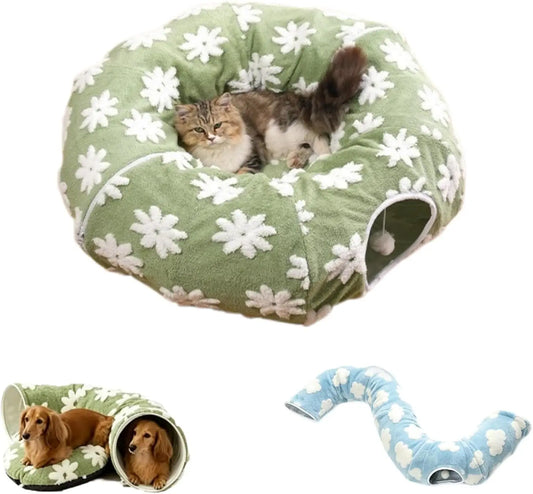 Floral Plush Folding Dachshund Tunnel Dog Bed With Comfortable Cushion
