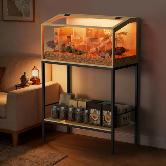 Wooden Small Pet Habitat Cage With Tempered Glass And Led Lighting