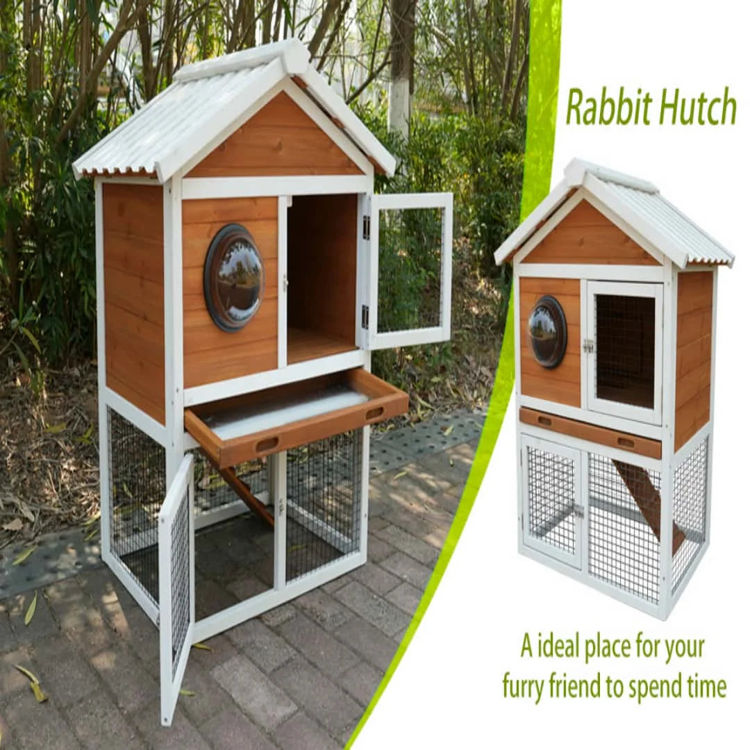 Two Tier Wooden Outdoor Rabbit Hutch With Viewing Window