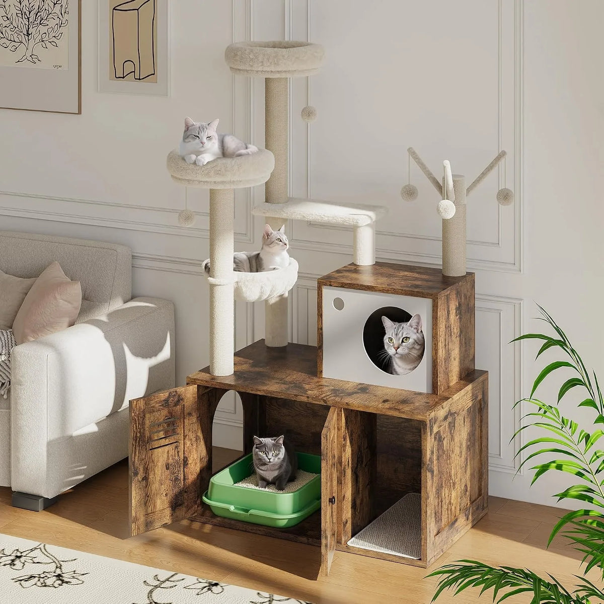 Modern Multi Level Cat Tree With Hidden Litter Box Enclosure