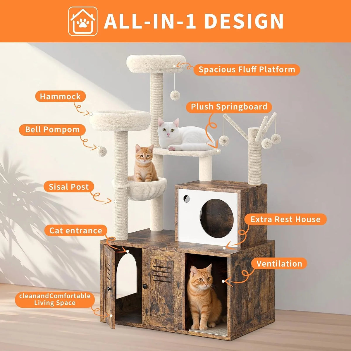 Modern Multi Level Cat Tree With Hidden Litter Box Enclosure