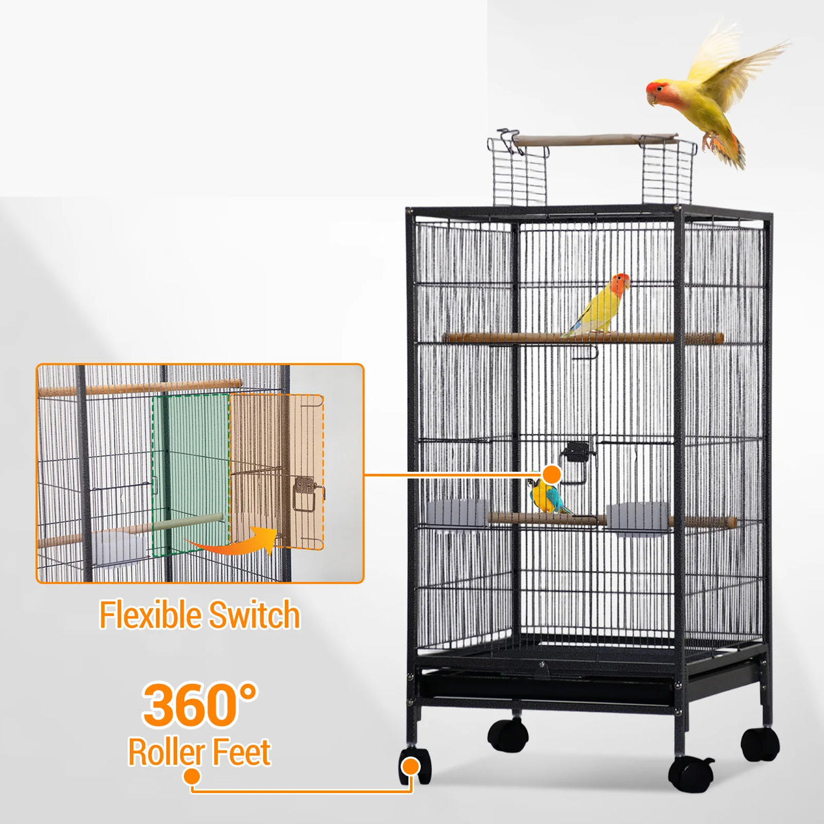 HiMISS Open Top Metal Bird Cage With Wooden Perches