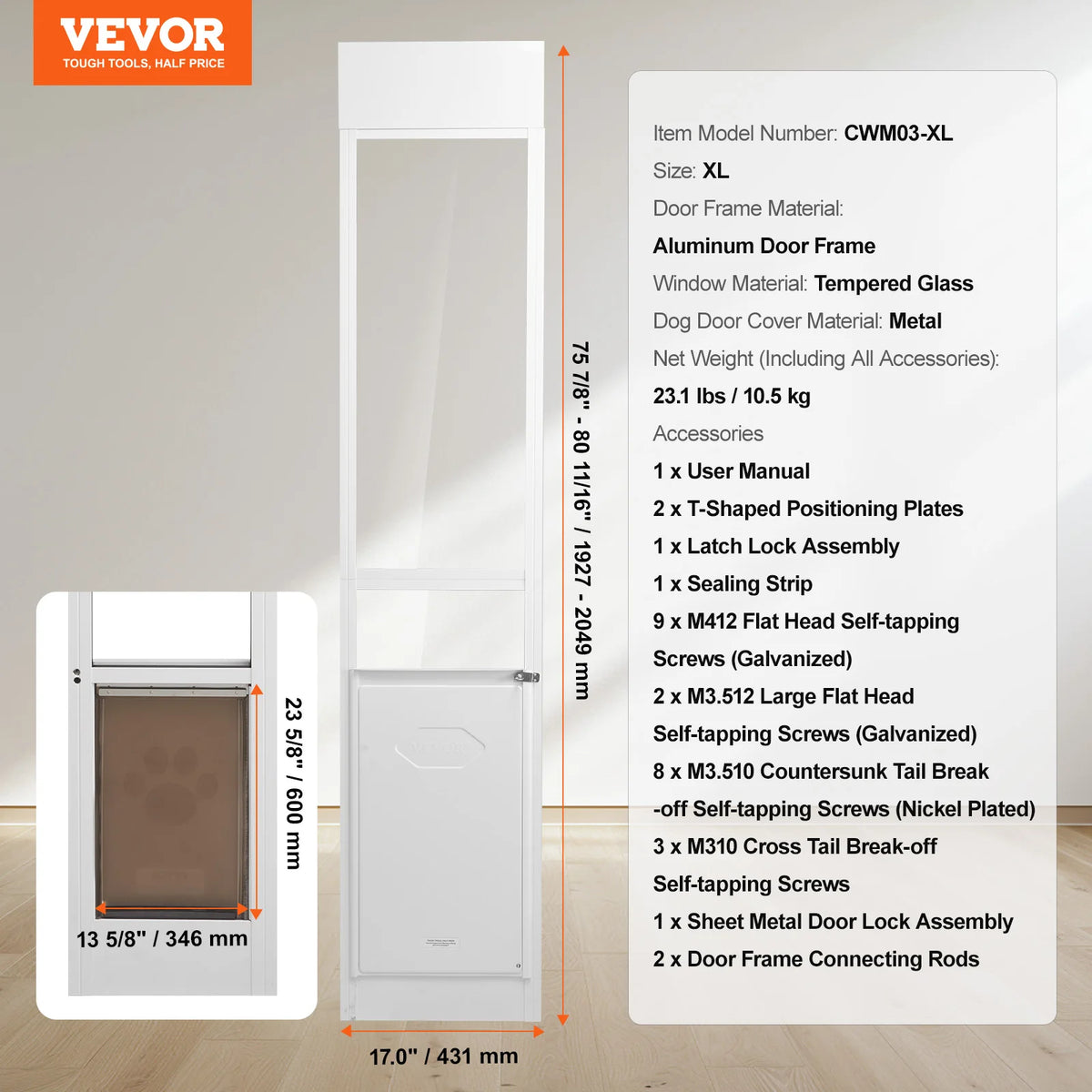 SucceBuy Adjustable Height Aluminum Frame Tempered Glass Sliding Pet Door