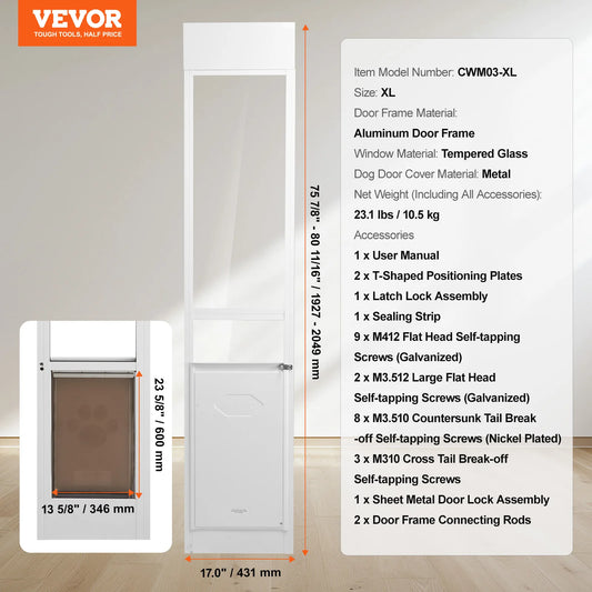 SucceBuy Adjustable Height Aluminum Frame Tempered Glass Sliding Pet Door