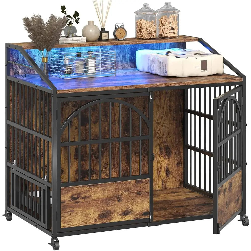 Heavy Duty Dog Crate With Integrated Wooden Table And Bowls