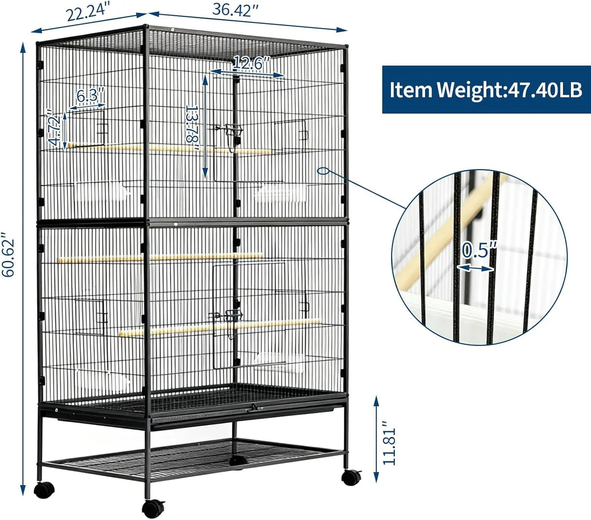HiMISS Large Bird Cage With Rolling Stands And Feed Bowls